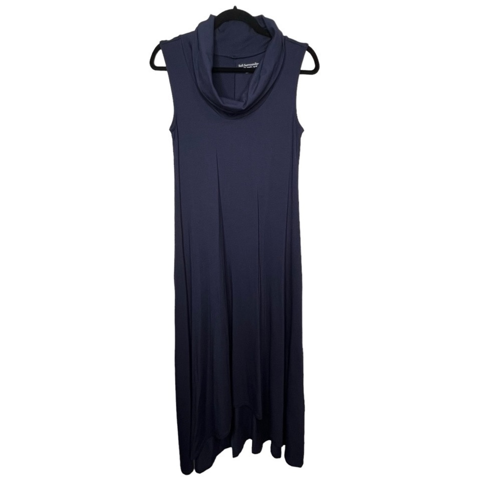 Soft Surroundings Cowl Neck Midi Dress XS Blue Solid Stretch High Low #29066